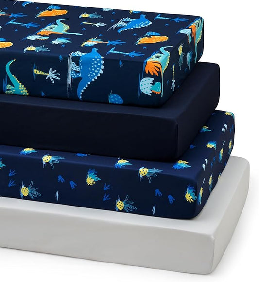 david's kids 4 Pack Fitted Crib Sheets, Ultra Soft Breathable Comfortable Baby Sheet Set for Boys Girls Neutral, 28x52 Inch Fits Standard Crib and Toddler Mattresses, Navy Dinosaur