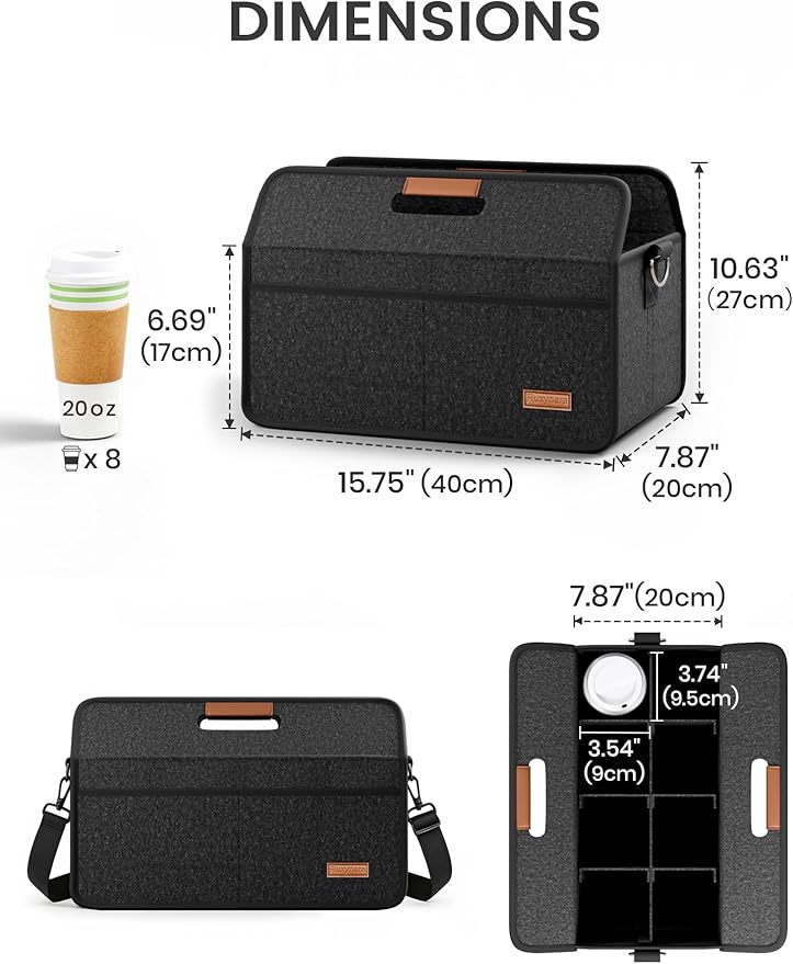 Fluxynara 8-Cup Reusable Felt Drink Carrier with Handle and Adjustable Shoulder Strap, Drink Holder for Car，Multi-Cup Drink Carrier Bag for Delivery, Travel, Picnics (Charcoal Gray)