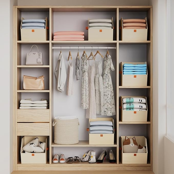 Fabric Closet Storage Cubes - 4 Pack Square Storage Bins with Dual Handles for Clothes, Towels, Toys, Cube Storage Organizers for Bedroom, Nursery, Shelves, Closet, Small Spaces, Beige