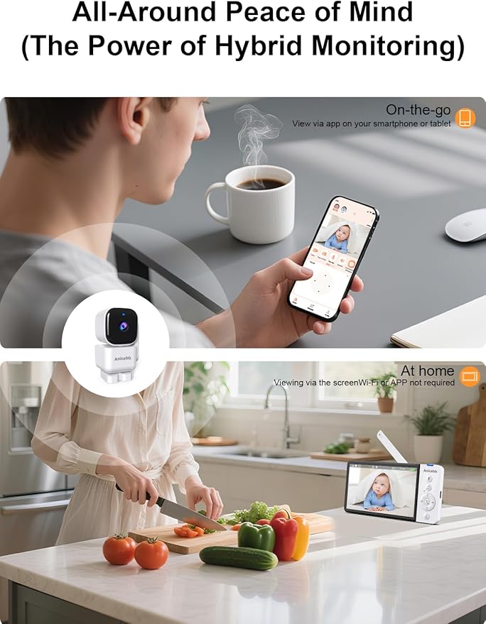 2-Camera Smart Baby Monitor with App and 5" Display, Dual Connectivity (No WiFi FHSS & WiFi), 1080P HD Remote Pan-Tilt-Zoom with Motion Tracking, 36H Battery, White Noise, Cry & Temp Alerts