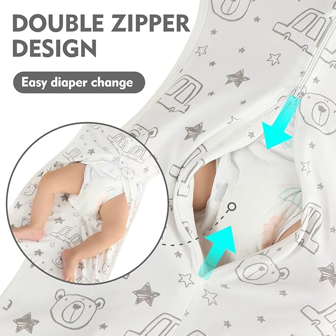 Baby Transition Swaddle Sack, Baby Swaddle Arms Up Transition Bag,Snug fit Calms Startle Reflex, Breathable Cotton Newborn Sack, 2-Way Zipper Cars & Bears (0-3 Month)