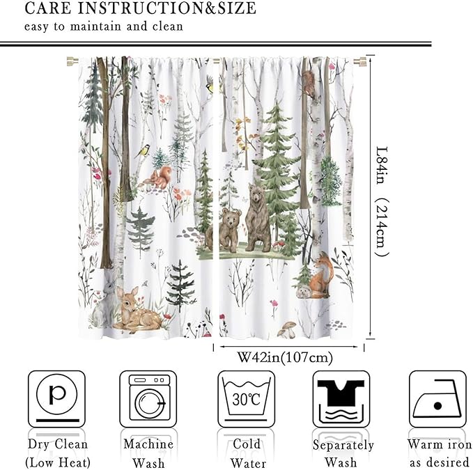 Forest Animals Kids Curtains, Wild Rustic Bear Fox Deer Children Cartoon Window Treatments for Living Room, Watercolor Blackout Drapes 2 Panel Sets,84x84 Inch