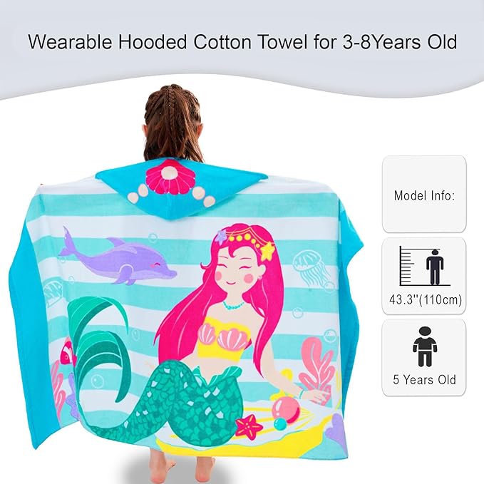 VOOVA & MOVAS Toddler Bath Towels Age 3-8, 30''X50,100% Cotton | Soft | Thick, Hooded Towel for Kids Girls, Perfect for Beach, Pool, Bath,Swim, Stripe Mermaid