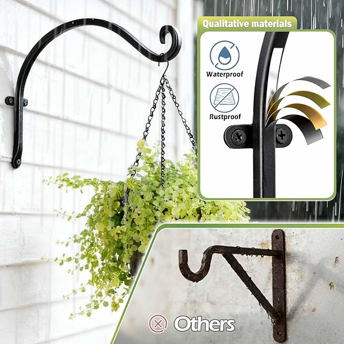 Hanging Plant Brackets Outdoor: 50 lbs Heavy Duty Metal Wall Hooks, 12 Inch Rustproof Hanging Plant Hangers for Bird Feeders, Lanterns, Balcony Fence, 2 Pack
