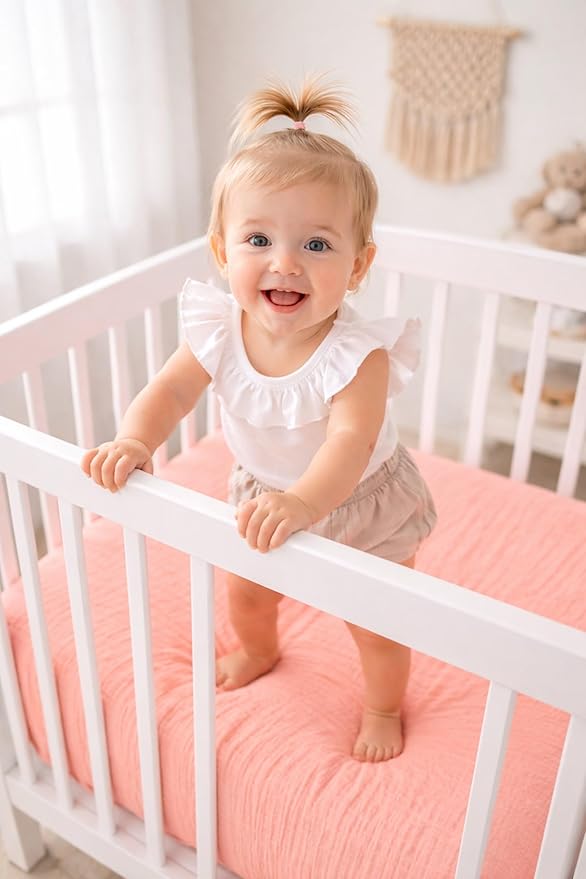 PET REJOIR 2 Pack Blush Muslin Crib Sheets for Boys & Girl- Neutral Breathable Cotton Crib Mattress Sheets Fitted for Standard 28"x 52"- Nursery Décor No Slip Crib Bed Sheets