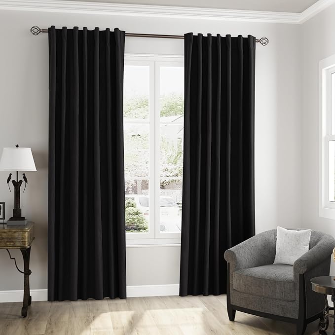 Guken Black 100% Blackout Curtains 84 Inch Length 2 Panels Set for Living Room Bedroom Back Tab Thermal Insulated Black Out Linen Drapes Room Darkening Window Curtains 84 Inches Long