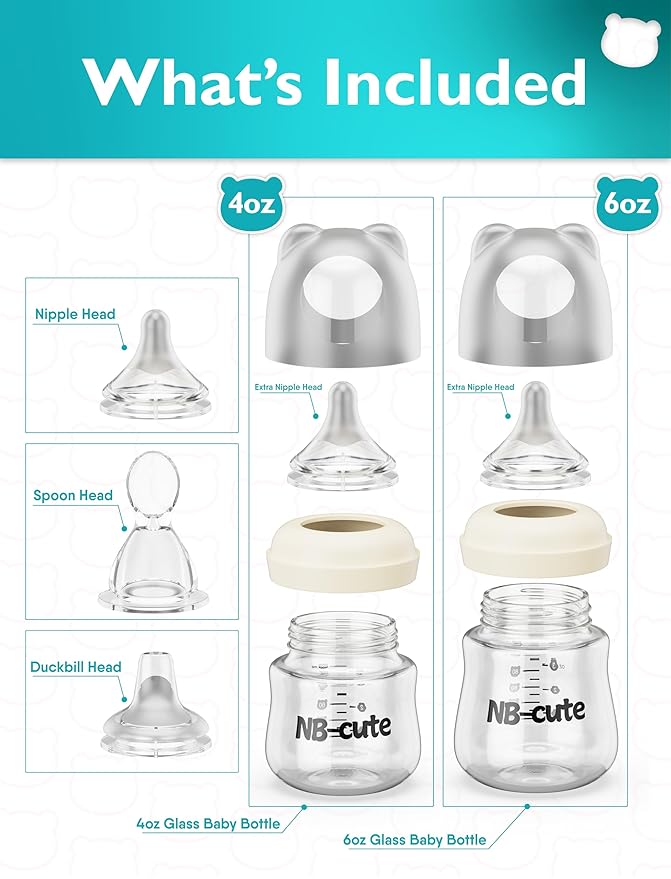Glass Baby Bottles Anti Colic Set 2 Pack 4oz and 6oz BPA Free Heat Resistant Borosilicate Glass with 3 Silicone Nipples Wide Neck Gift Box Baby Shower Easy to Sterilize for Newborn Infant 0-9 Months