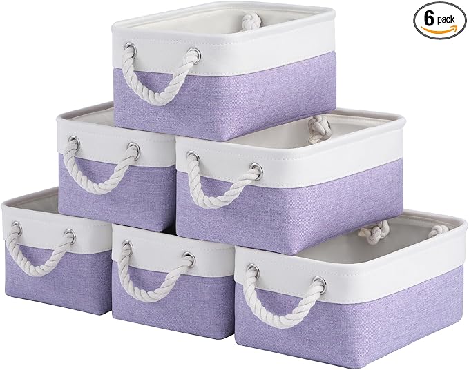 Storage Baskets for Shelves 11.8x7.9x5.2 Inch, Foldable Fabric Storage Bins with Handles, Small Storage Baskets for Organizing Closet, Office, Home Organization (6-Pack, White&Purple)