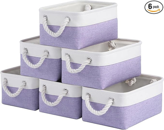 Storage Baskets for Shelves 11.8x7.9x5.2 Inch, Foldable Fabric Storage Bins with Handles, Small Storage Baskets for Organizing Closet, Office, Home Organization (6-Pack, White&Purple)