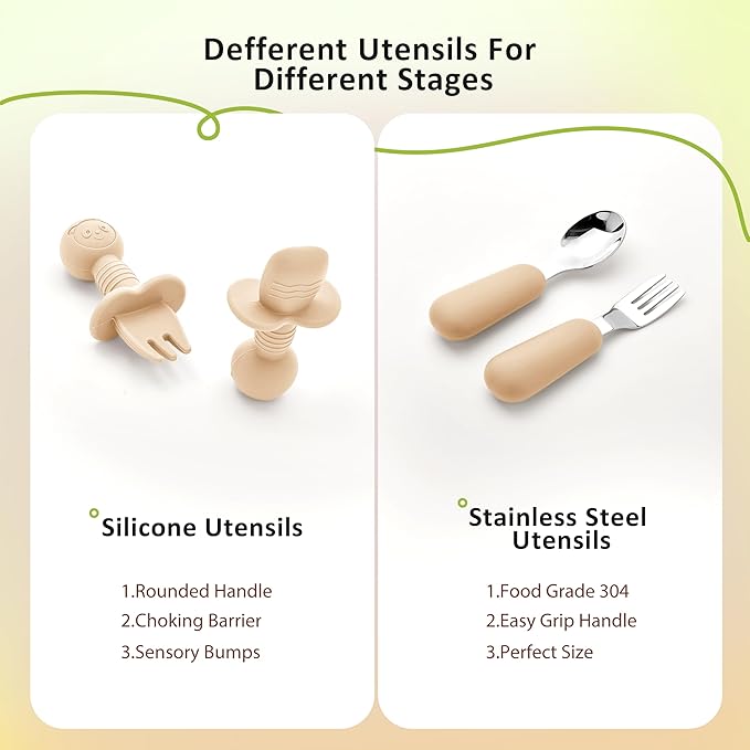 Bufims Silicone Baby Feeding Set, Baby Led Weaning Supplies, Eating Essentials Utensils with Suction Plate and Bowl, Pocket Bib, Sippy Cup with Lid, Forks Spoons Snack Container, for 6+ Months, Beige