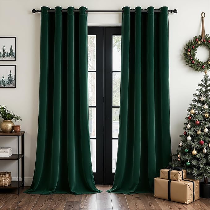 Topfinel Dark Green Velvet 84 Inches Curtains 2 Panels Modern Boho Luxury Room Darkening Thermal Insulated Grommet Drapes for Living Room Bedroom Christmas Green Winter Season Holiday Decor W52 x L84
