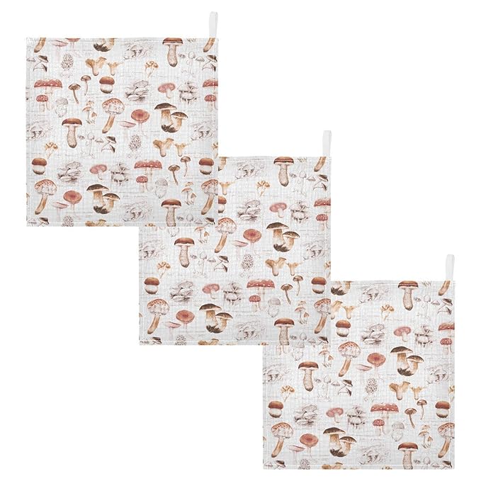 Baby Washcloths Cotton Different Mushrooms Baby Muslin Washcloths Soft Baby Face Towel for Newborn Infants Baby Wipes, 11.8 X 11.8 Inch, 3 Pack
