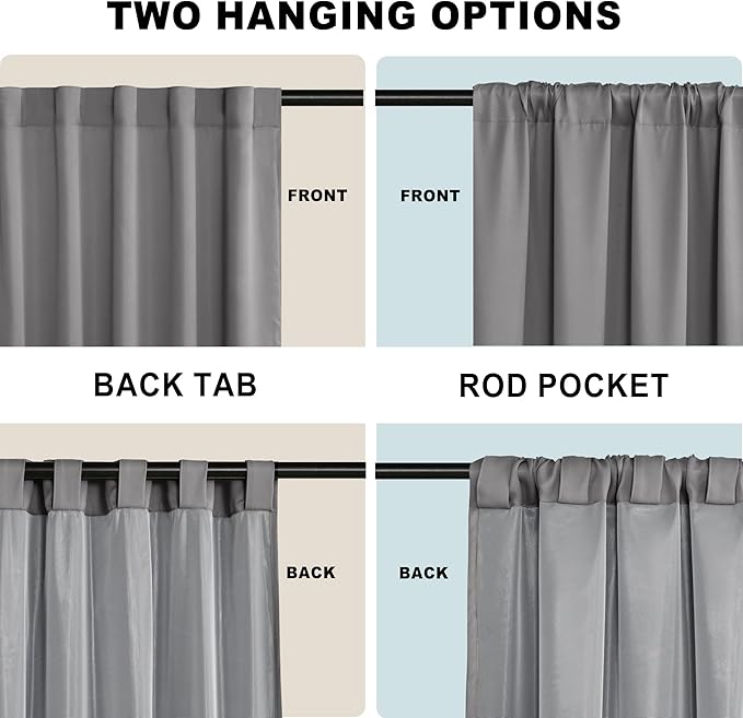 XWZO 100% Blackout Curtains 72 Inches Length - Heat and Light Blocking Rod Pocket & Back Tab Window Drapes with Black Liner Backing for Bedroom with Tiebacks, Grey, W52 x L72, Set of 2