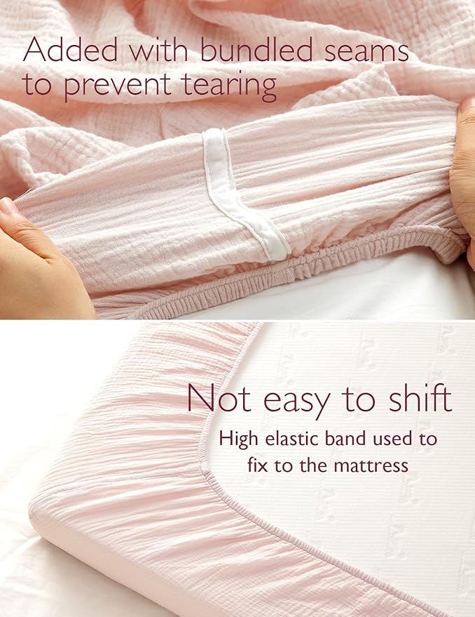 Momcozy Muslin Standard Fitted Crib Sheets, 52"x28", 2 Pack Soft Breathable Natural Cotton Baby Mattress Sheet, 360° Mattress Wrapping No Slip Boys Girls Neutral Toddler Bed Sheet, Beige Blush