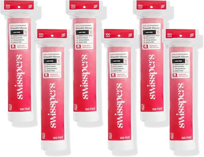Swisspers Smooth Moves Ultra-Luxe Premium Cotton Rounds, Hypoallergenic Makeup Remover Pads for Sensitive Skin, USA Made, Vegan, Lint-Free, Paraben Free, 100 Count 6-Pack