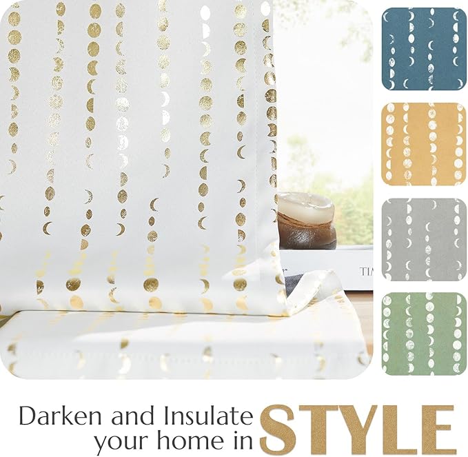 jinchan 95% Blackout Curtains 63 Inch Long for Bedroom Boho Curtains Moon Phases Printed Golden on White Drapes Rod Pocket Back Tab Darkening Retro Bedroom Pattern Curtains 2 Panels