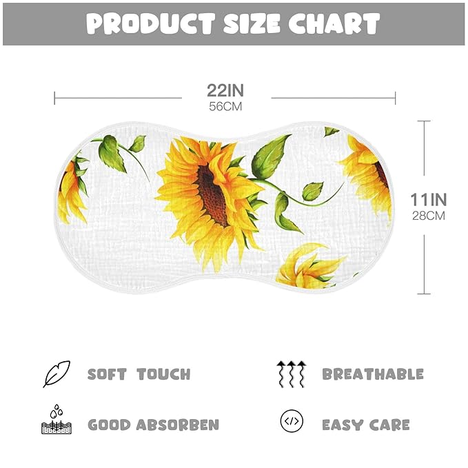WELLDAY Muslin Baby Burp Cloths Set of 1, Soft Absorbent Big Sunflower Muslin Washcloths, Bibs, Face Towel for Newborn Boys Girls, 22 x 11 Inch