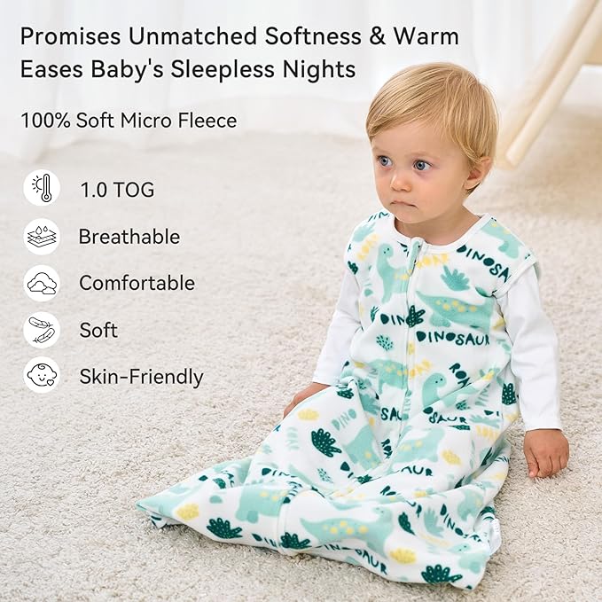 Unnivoll Fleece Baby Sleep Sack 0-6 Months 1.0 Tog Baby Wearable Blanket Microfleece Sleeping Sack with 2-Way Zipper for Newborn Infant Green & White Dinosaur