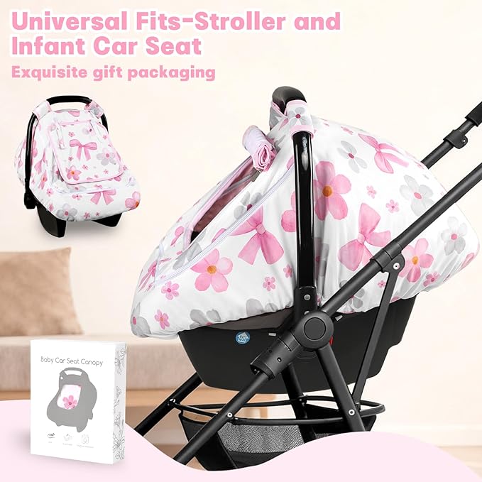 Hooyax Baby Car Seat Cover with Dual Zipper, Extra Large Mesh Window Carseat Canopy, All-Season Weather Protection for Infant Car Seats & Strollers (Pink Bow)
