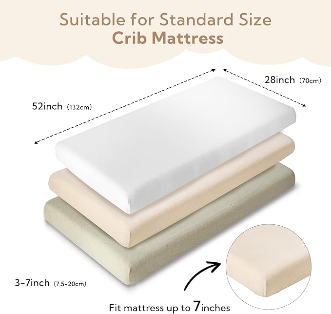 SOULFUL Muslin Crib Sheets for Boys Girls, 3 Pack Soft and Breathable Cotton Fitted Crib Sheets for Standard Crib Mattress (28"x 52", White & Beige & Mist Sage)