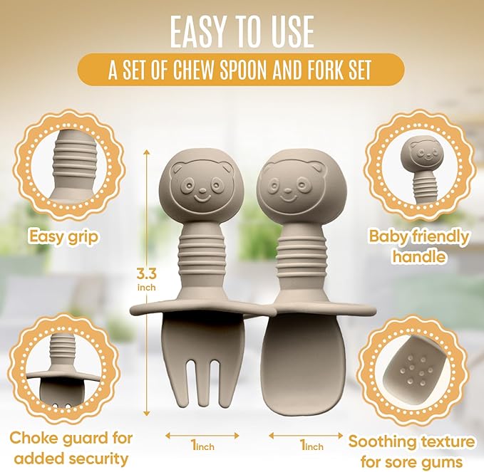 HippoBaby 4pc Silicone Baby Spoons Self Feeding Baby Utensils 6-12 Months - 3 Baby Spoon - 1 Baby Fork - Toddler Cutlery Set - BPA Free, Dishwasher Safe - Baby Eating Essentials (Gray/Beige)