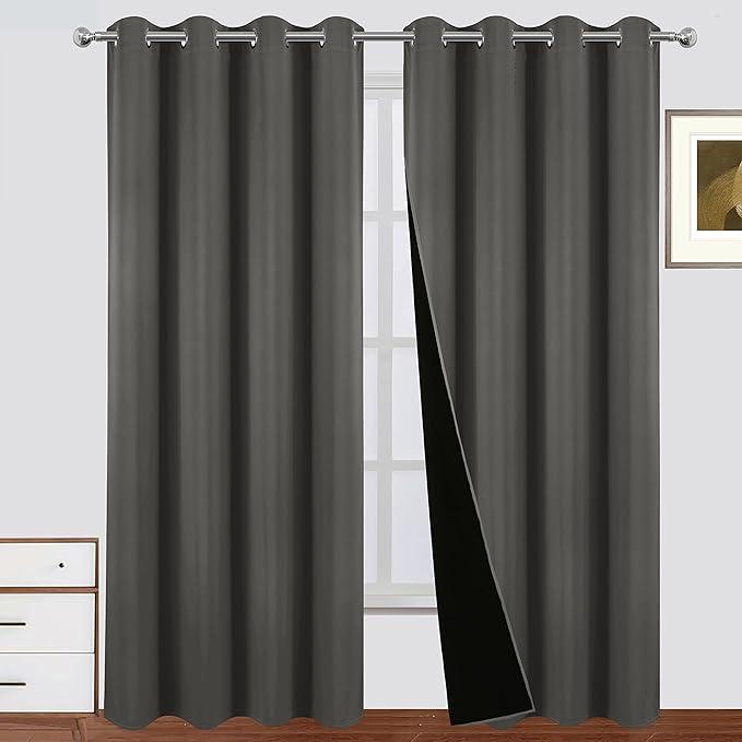 LEMOMO 100% Blackout Curtains 52 x 95 Inch Grey Curtains 2 Panels Darkening Thermal Insulated Bedroom Curtains