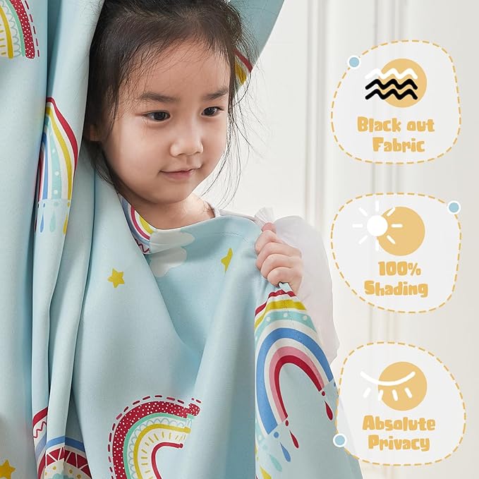 Vangao Easter Boho Girls 100% Blackout Curtains Pastel Blue for Kids Room 63 Inch Length, Rainbow Window Drapes for Living Room Nursery Thermal Insulated Room Darkening Bedroom Grommet 2 Panels