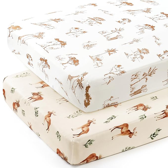GRSSDER Stretch Ultra Soft Jersey Knit Fitted Crib Sheets Set 2 Pack, Universal Fit All Standard Crib Mattress Pads Safe and Snug, Crib Fitted Sheet with Deep Pocket, Original Design for Unisex Baby