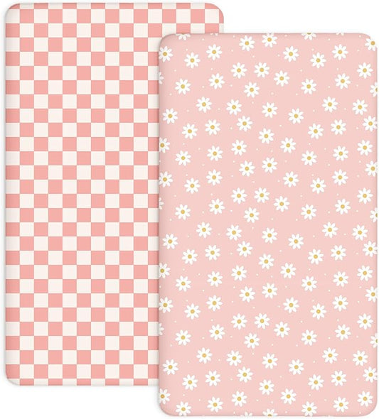 Crib Sheets for Boys and Girls, 2 Pack Fitted Baby Sheets for Standard Toddler Mattress 28" x 52", Soft Breathable Jersey Knit Baby Bedding (Daisy Check)