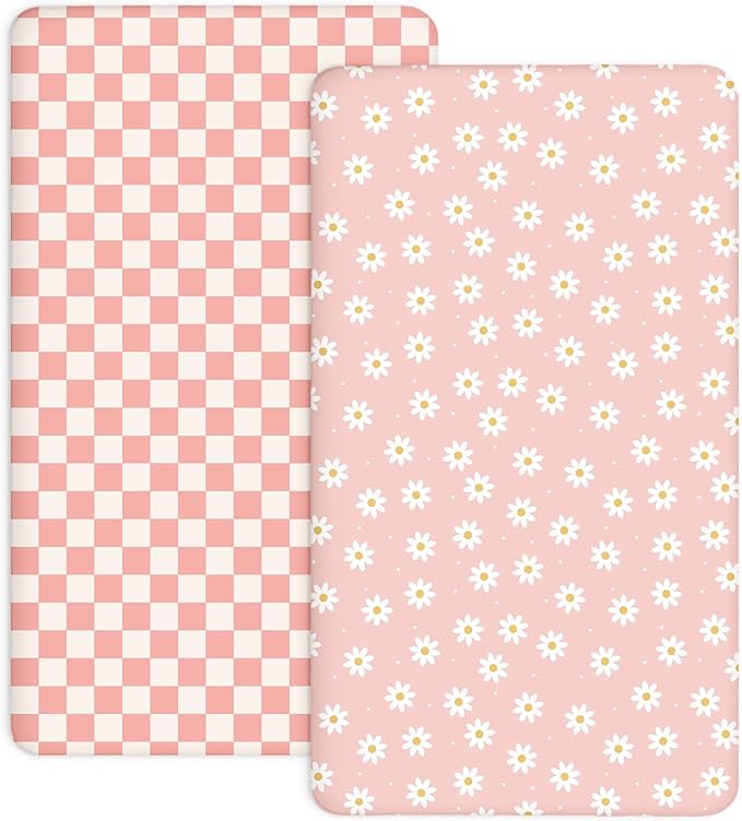 Pack and Play Sheets 2 Pack, Fitted Jersey Knit Mini Crib Sheets for Baby Boys and Girls, Compatible with Graco Pack N Play and Mini Crib Mattress (Daisy Check, Pack N Play/Mini Crib Sheets)