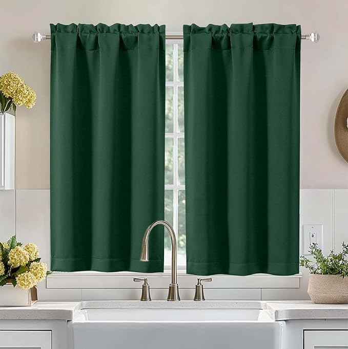 Aiyufeng Ever Green Short Blackout Curtains for Bedroom 45 Inches Long 2 Panels Set, Solid Thermal Insulated, Energy Saving Window Treatment Curtains Blackout Drapes, W40 x L45 Inch, Ever Green