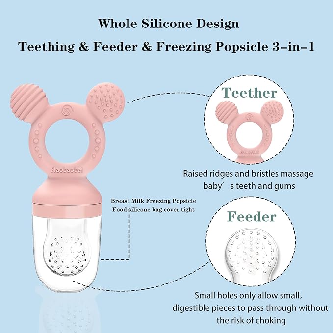 Baby Fruit Feeder, Frozen Teething Toys, Teether Pacifier with 3 Extra Teats, Infant Eating Essentials, BPA Free Baby Feeding Supplies (Pink)