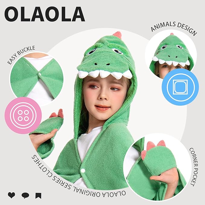 OLAOLA Dinosaur Hooded Towel for Kids 3-12 Years, 28" x 53" Soft Thick Absorbent Beach Towels, Toddler Bath Towel Wrap, Swim Pool Towels Poncho for Boys Girls