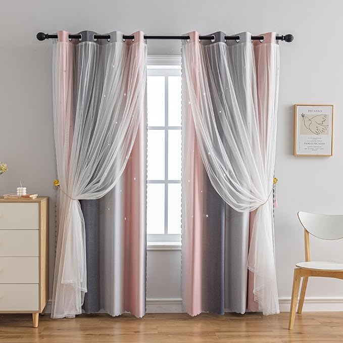 Star Girl and Kids Curtains for Bedroom Rainbow Ombre Double Layer Cute Shot Nursery Darkening Grommet Princess Room Décor 2 Panels Living Room Window Curtain (Pink Grey35W x 48L)
