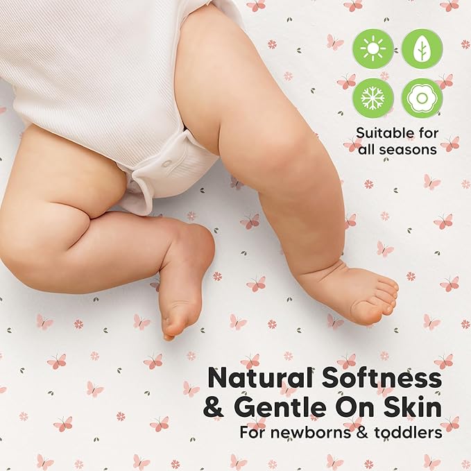 2-Pack Waterproof Crib Sheets for Boys, Girls - 52x28 Fitted Organic Cotton Baby Crib Sheets, Toddler Mattress Protector Cover, Washable, Soft & Durable Baby Bedding Essentials (Butterflies)