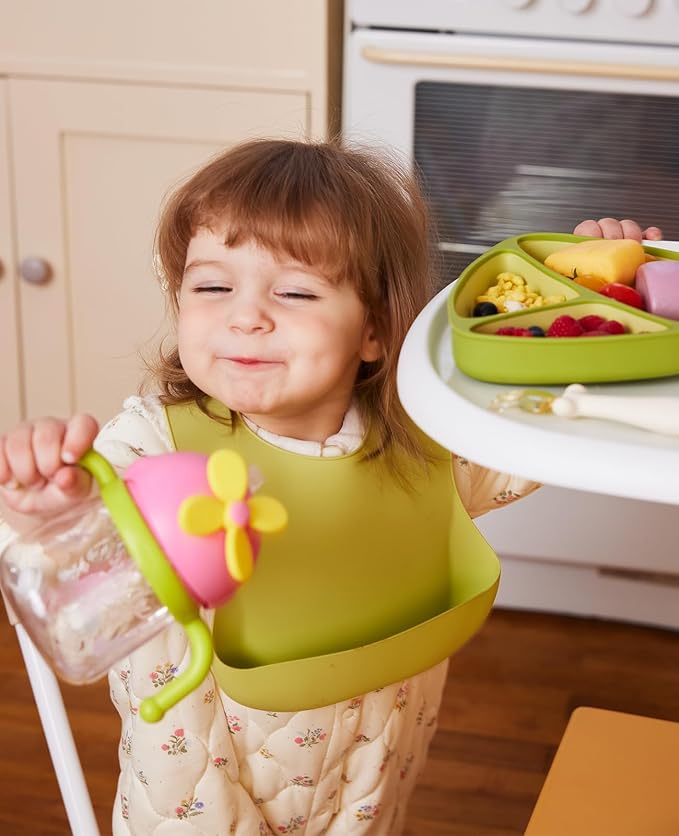 EMOJOY Silicone Baby Feeding Set, Toddler Plates Set 8 PCS – Suction Plate, Spoons, Forks, Bibs and Sippy Cups, Baby Led Weaning Essential, BPA-Free Baby Dishes & Utensils, Dishwasher Safe