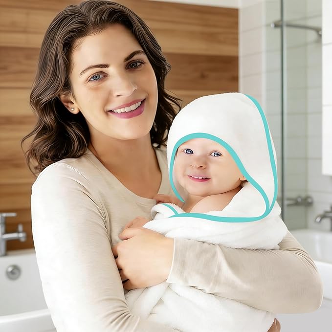 2 Pack Baby Bath Towel - Rayon Made from Bamboo, Ultra Soft Hooded Towels for Babies,Toddler,Infant - Newborn Essential -Perfect Baby Registry Gifts for Boy Girl (White and Malachite, 30 x 30 Inch)