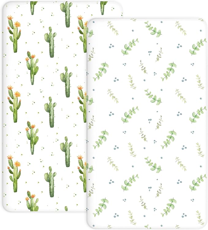 Pack and Play Sheets 2 Pack, Fitted Jersey Knit Mini Crib Sheets for Baby Boys and Girls, Compatible with Graco Pack N Play and Mini Crib Mattress (Desert Green, Pack N Play/Mini Crib Sheets)