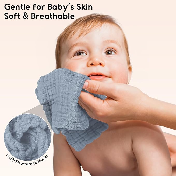 Unnivoll Muslin Baby Washcloths 6 Pack, 100% Cotton Wash Cloths for Babies, Large 12''X12'' Burp Cloths Absorbent and Soft for Newborn Infants Kids Boys Girls - Apricot Green Sapphire Blue