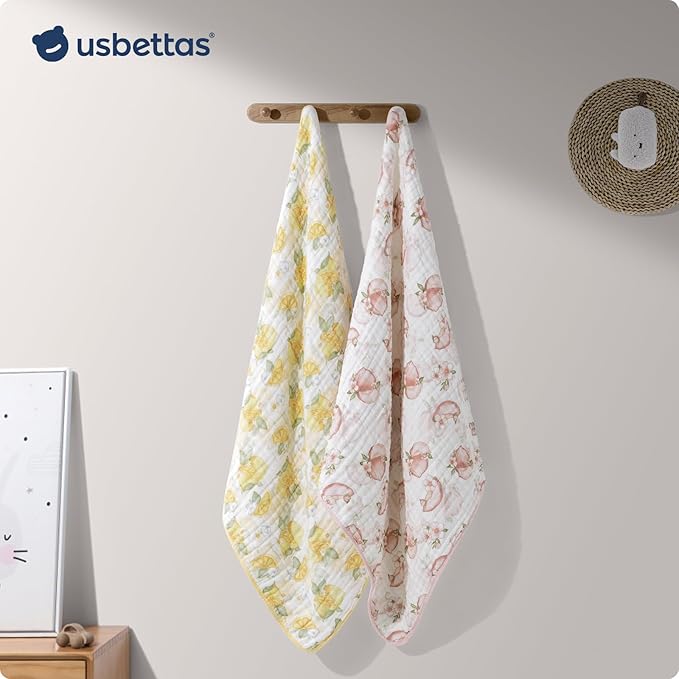 Muslin Hooded Baby Towels 2 Pack, Ultra Soft & Absorbent Baby Bath Towels, Bath & Beach Essentials, Shower Gifts for Newborns, Babies, Infant, Toddler - 32x32 Inch (Lemon & Peach)