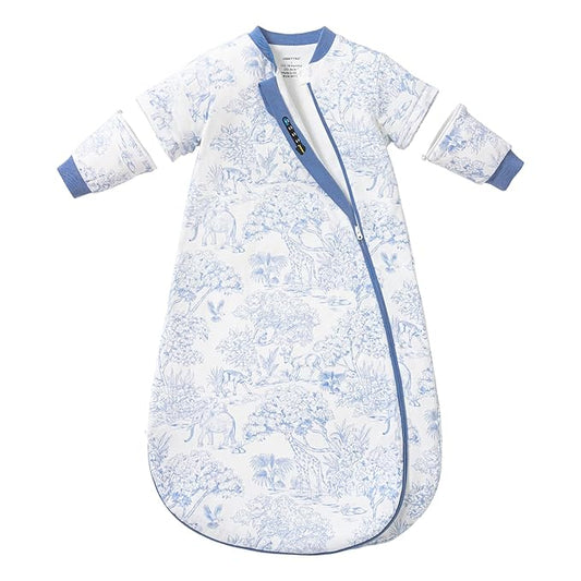 Baby Sleep Sack 6–12 Months, Cotton Sleep Sack with Detachable Long Sleeves, 1.0 TOG Wearable Blanket for Cooler Nights, 2-Way Zipper Toddler Sleeping Sack with Temperature Strip, Forest