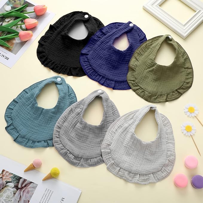 Seematn 10 Pcs Baby Muslin Bibs for Unisex Girls & Boys Drool Bibs Bandana Ruffle Soft Cotton for Newborn Infants Toddlers(Cool Colors)
