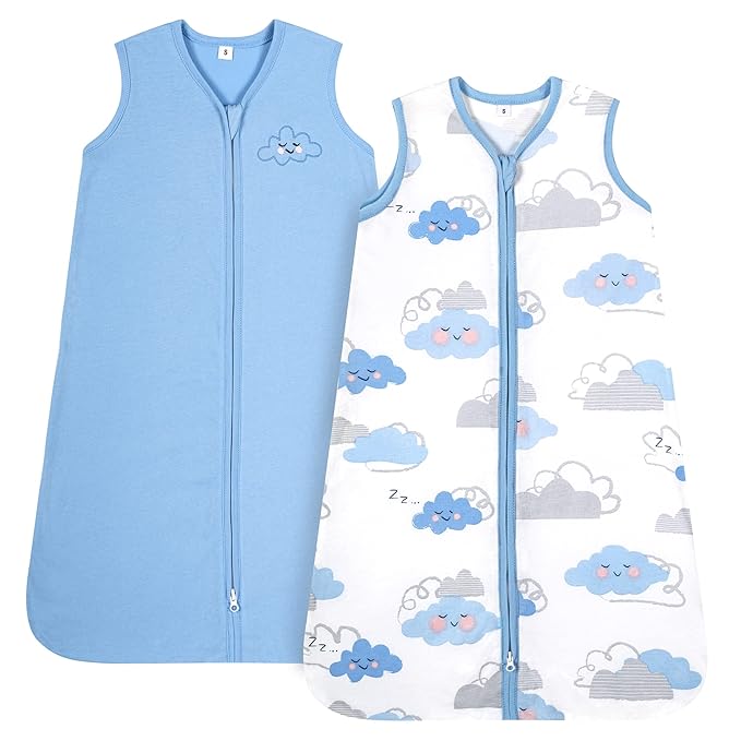 TILLYOU 2 Pack Baby Sleep Sack 18-24 Months 100% Cotton Wearable Blanket 0.5 TOG Sleeveless Summer Sleep Sacks with 2-Way Zipper, Small Cloud & Blue