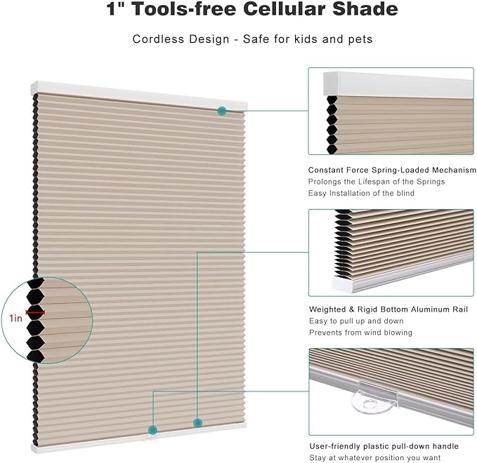 Changshade Blackout Blinds, Cordless Cellular Shades, Honeycomb Blackout Shades, Room Darkening Blinds, Pull Down Window Shades, Easy to Install Honeycomb Window Blinds for Home&Office, Beige