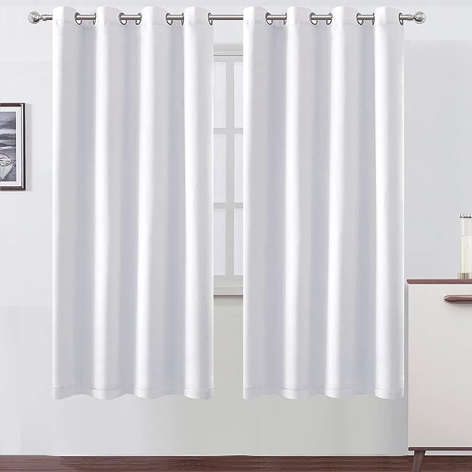 LEMOMO 100% Blackout Curtains 52 x 72 Inch/2 Panels with Black Lining Room Darkening Thermal Insulated Bedroom White Curtains