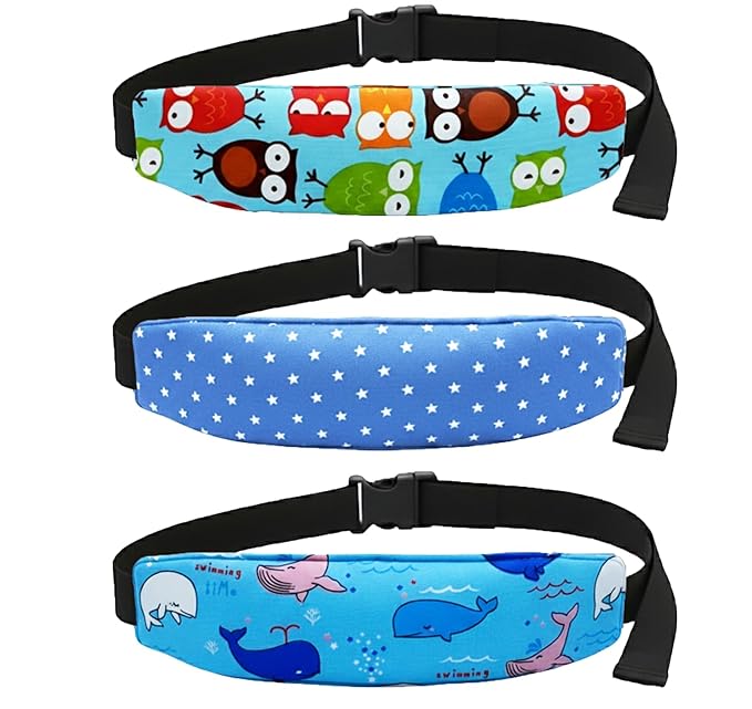 3 Pcs Baby Carseat Head Support,Car Seat Straps Pillow Support Ban,Stroller Neck Relief Strap Headrest,Slumber Sling Sleep Positioner for Toddler Infants Child Children Kids (Dots, Owls, Whales)
