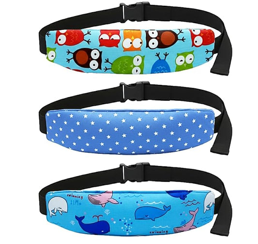 3 Pcs Baby Carseat Head Support,Car Seat Straps Pillow Support Ban,Stroller Neck Relief Strap Headrest,Slumber Sling Sleep Positioner for Toddler Infants Child Children Kids (Dots, Owls, Whales)