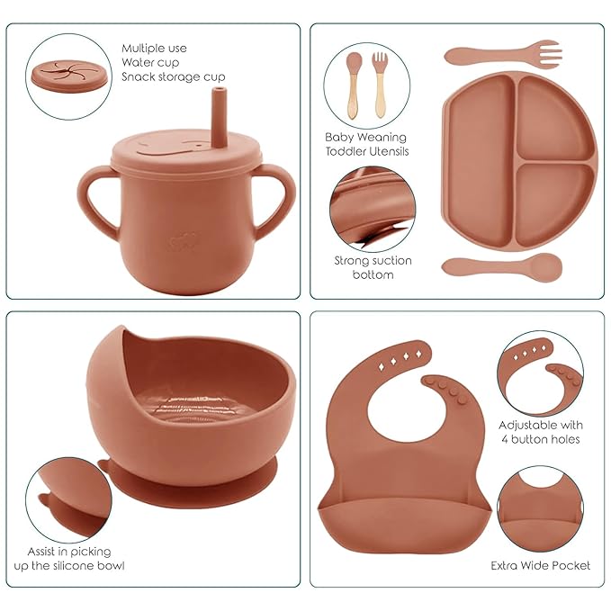Dormlony 100% Silicone Baby Feeding Set, 9 Pcs: Bib, Divided Plate, Bowl, Sippy Cup, Spoons & Forks (Carrot)