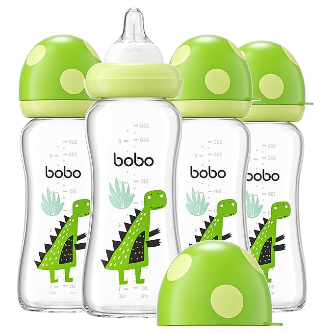 YOHKOH Natural Glass Baby Bottle with Level 2 Medium Flow Nipple, Newborn Anti-Colic Baby Bottles, Wide Neck Mushroom Baby Glass Bottle (8.8ounce (Pack of 4), Green2)