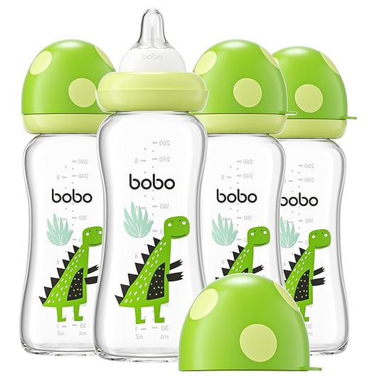 YOHKOH Natural Glass Baby Bottle with Level 2 Medium Flow Nipple, Newborn Anti-Colic Baby Bottles, Wide Neck Mushroom Baby Glass Bottle (8.8ounce (Pack of 4), Green2)